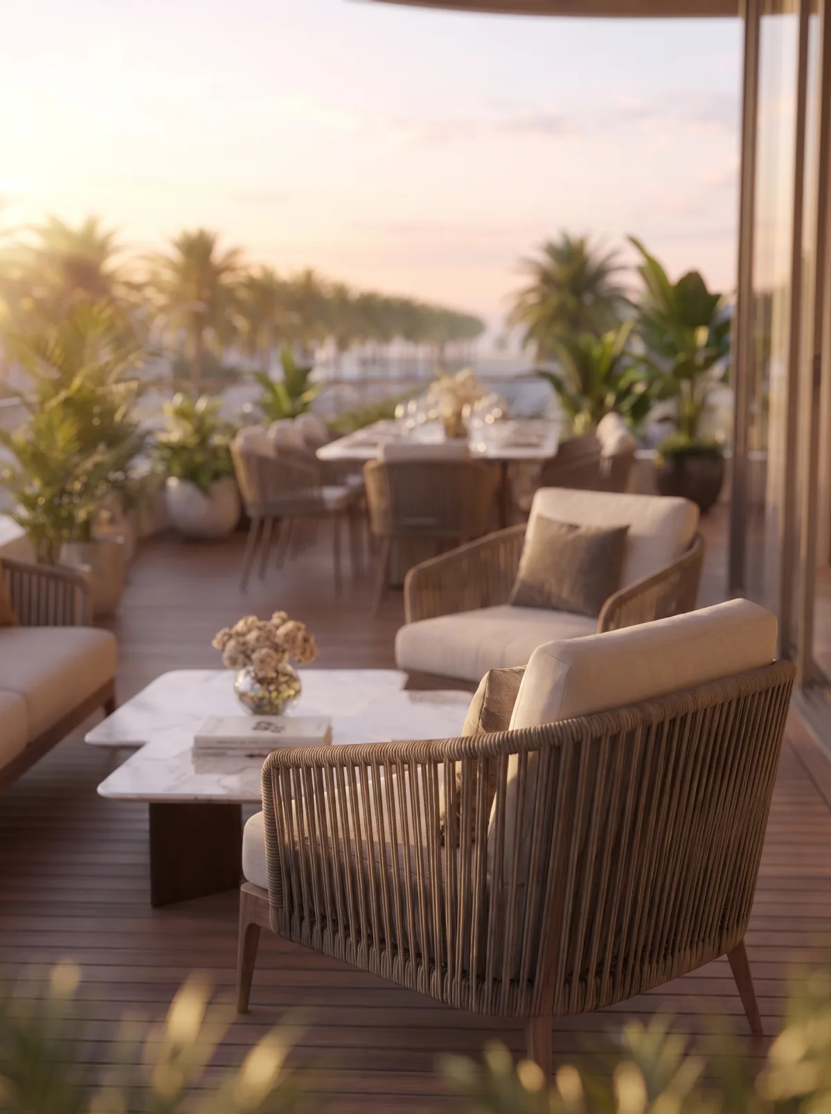 Illustrative balcony overlooking palm-lined streets
