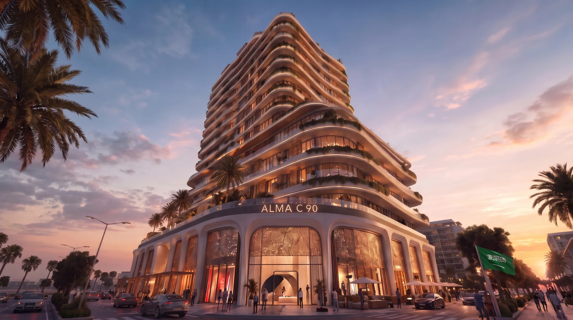 Illustrative dusk render of C90 at AlMa Destination